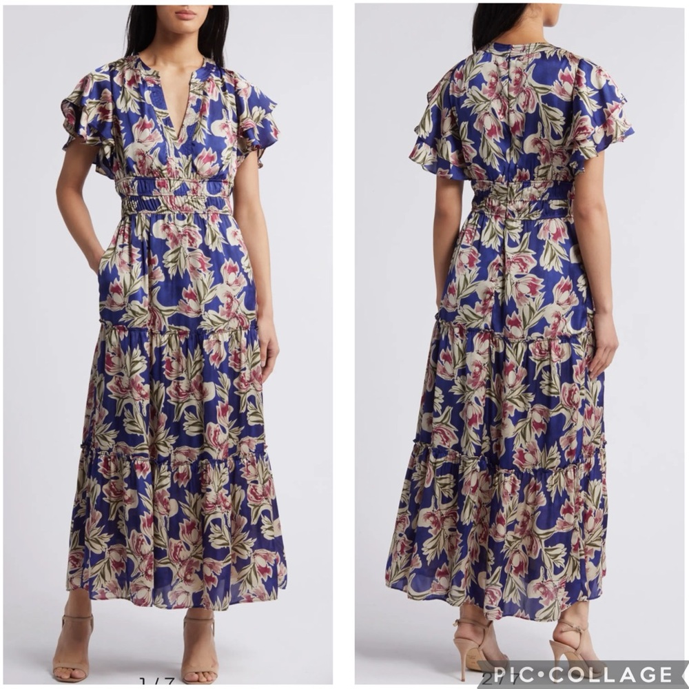 Julia Jordan Floral Flutter‎ Sleeve Satin Dress Blue Multi 14